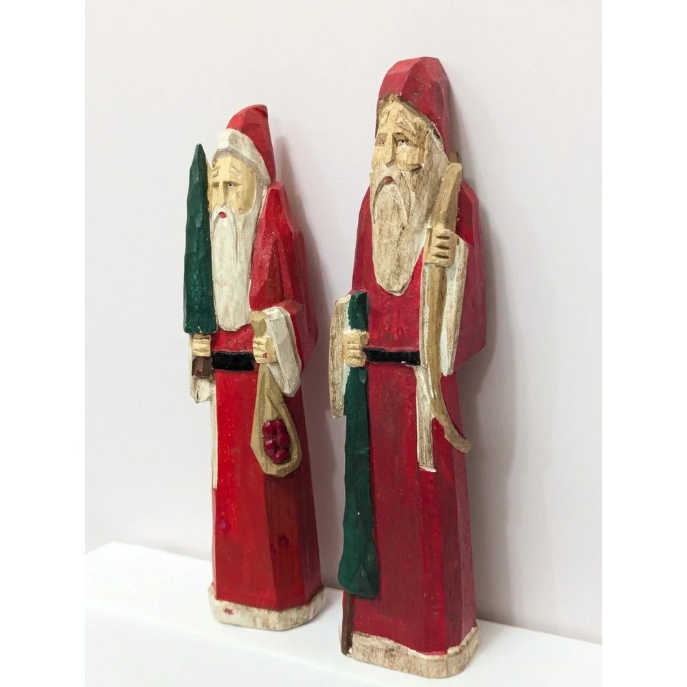 MIDWEST CANNON FALLS Carved Wooden Santa Set of 2 Folk Art Primitive Christmas